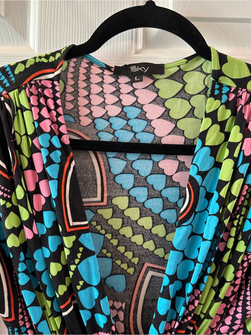 Y2K vintage, Sky brand. Colorful Heart Print V-Neck Top with Braided Belt - Picture 3 of 4